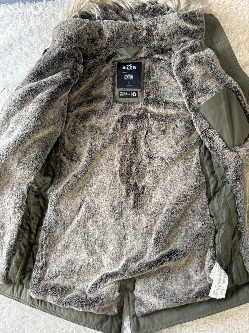 Hollister olive green sherpa-lined faux-fur trimmed hooded parka Size large - Picture 12 of 13